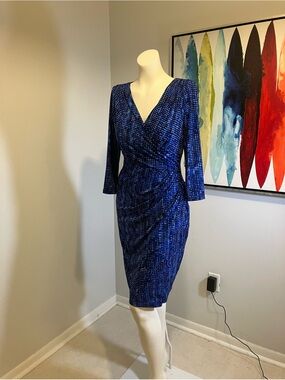 LAUREN Ralph Lauren Blue Ruched Faux Wrap Sheath Dress, Size 6